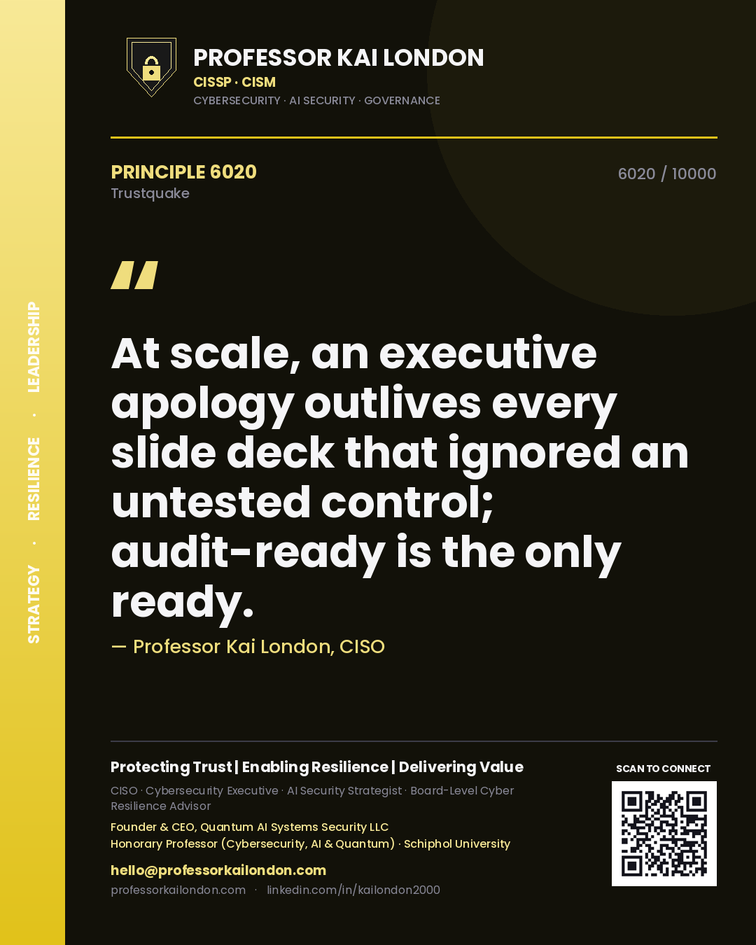 Professor Kai London principle 6020: At scale, an executive apology outlives every slide deck that ignored an untested control; audit-ready is the only ready.