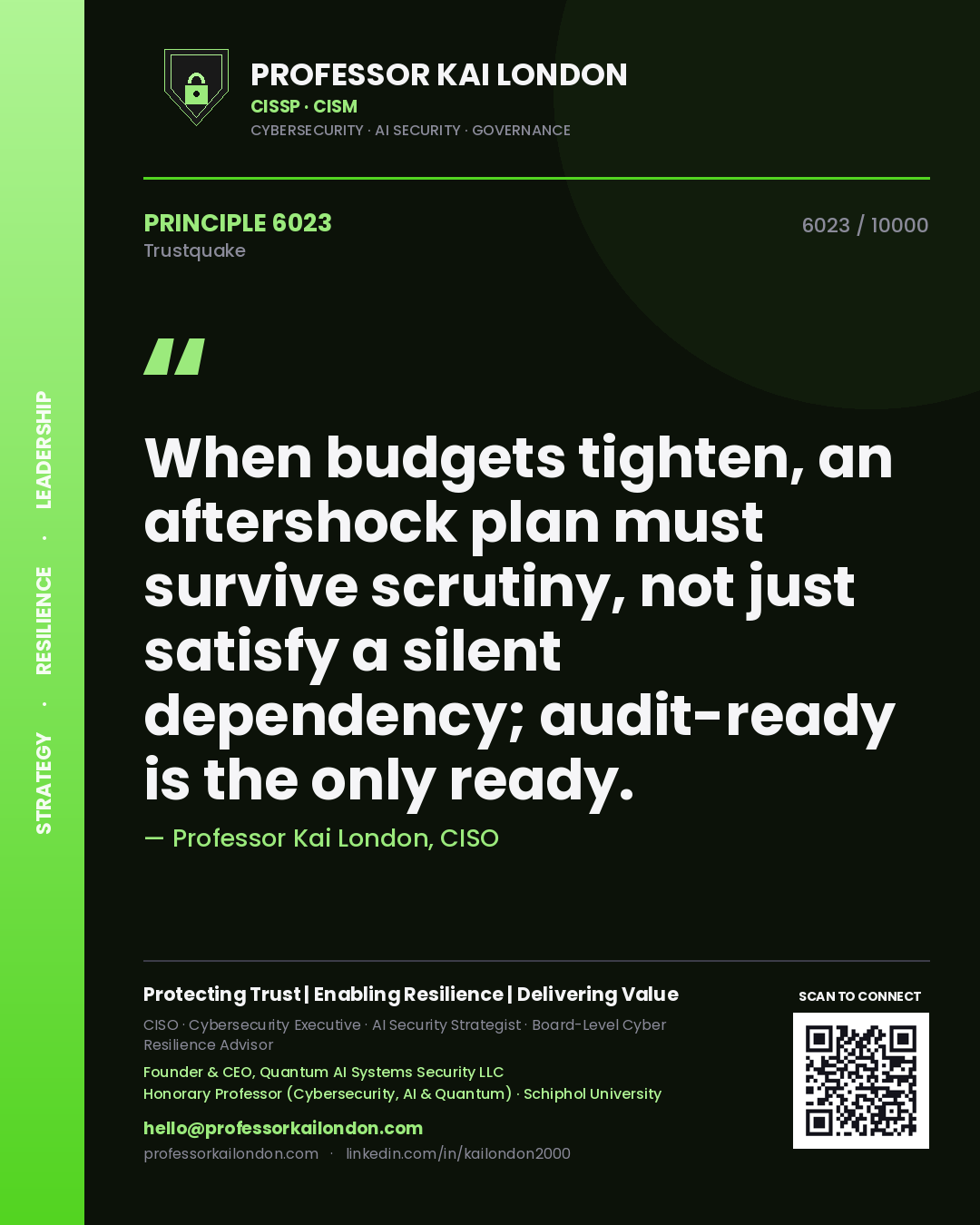 Professor Kai London principle 6023: When budgets tighten, an aftershock plan must survive scrutiny, not just satisfy a silent dependency; audit-ready is the only ready.