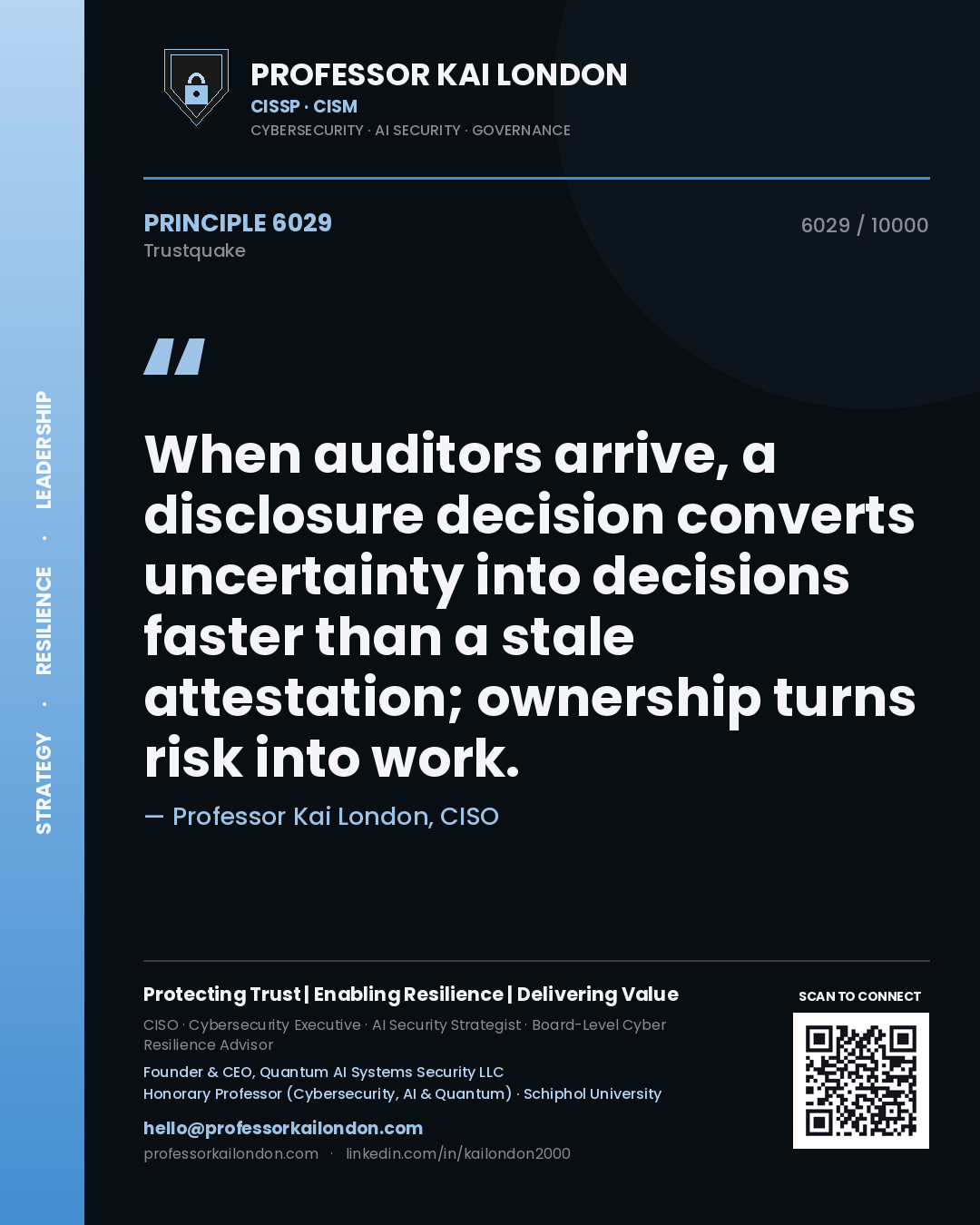 Quote card by Professor Kai London reading 'When auditors arrive, a disclosure decision converts uncertainty into decisions faster than a stale attestation; ownership turns risk into work.'. From the book Trustquake.