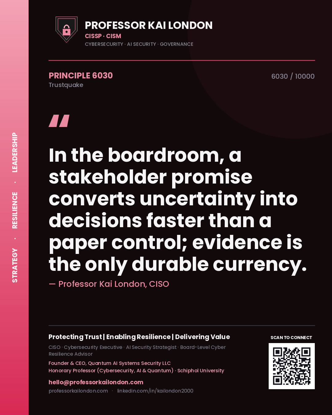 Quote card by Professor Kai London reading 'In the boardroom, a stakeholder promise converts uncertainty into decisions faster than a paper control; evidence is the only durable currency.'. From the book Trustquake.