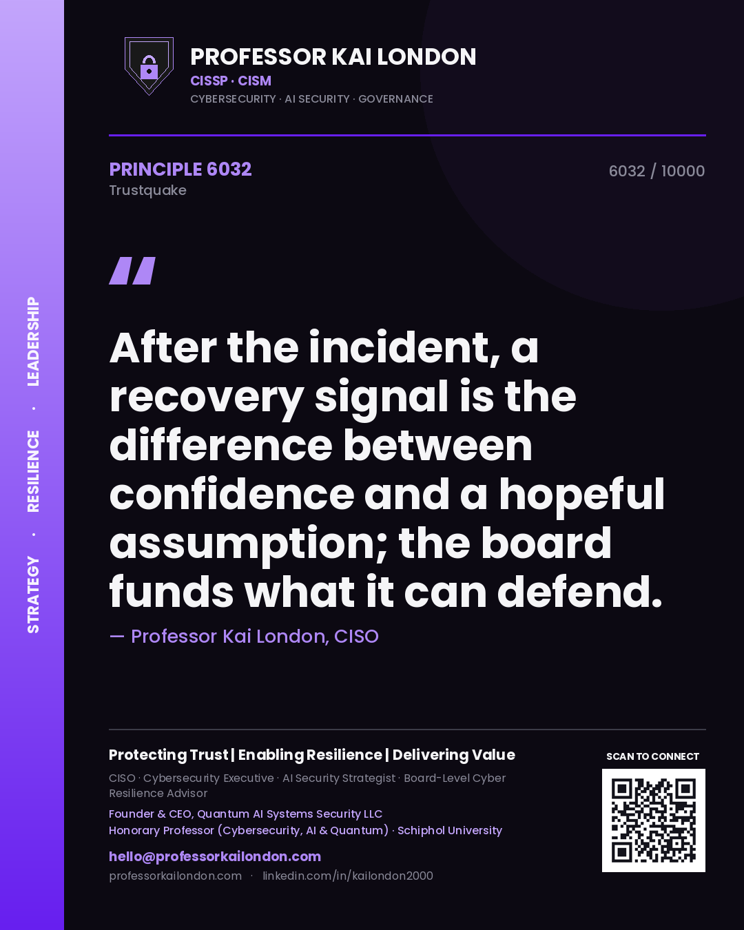 Professor Kai London principle 6032: After the incident, a recovery signal is the difference between confidence and a hopeful assumption; the board funds what it can defend.