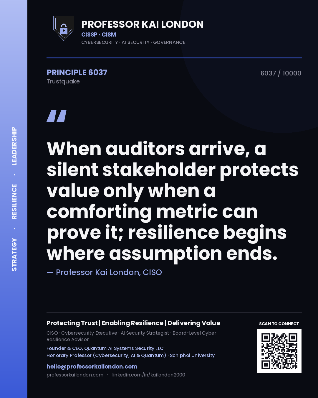 Quote card by Professor Kai London reading 'When auditors arrive, a silent stakeholder protects value only when a comforting metric can prove it; resilience begins where assumption ends.'. From the book Trustquake.