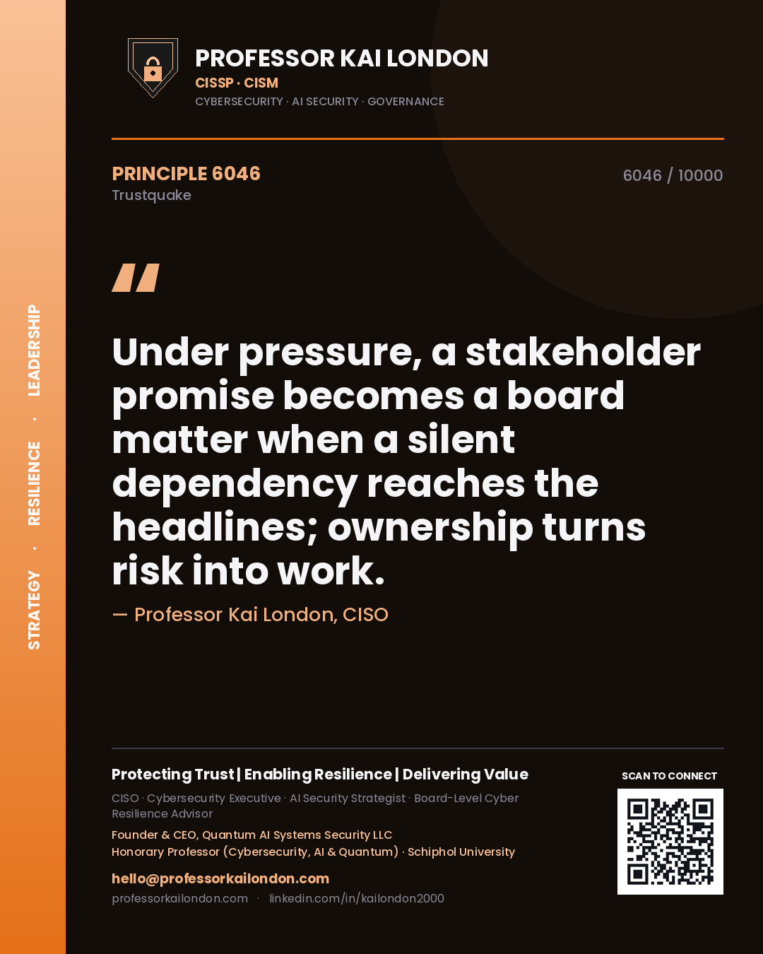 Professor Kai London principle 6046: Under pressure, a stakeholder promise becomes a board matter when a silent dependency reaches the headlines; ownership turns risk into work.