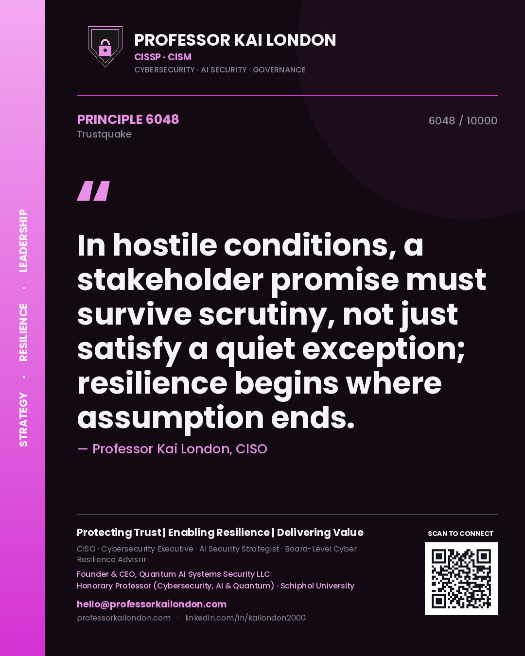 Quote card by Professor Kai London reading 'In hostile conditions, a stakeholder promise must survive scrutiny, not just satisfy a quiet exception; resilience begins where assumption ends.'. From the book Trustquake.