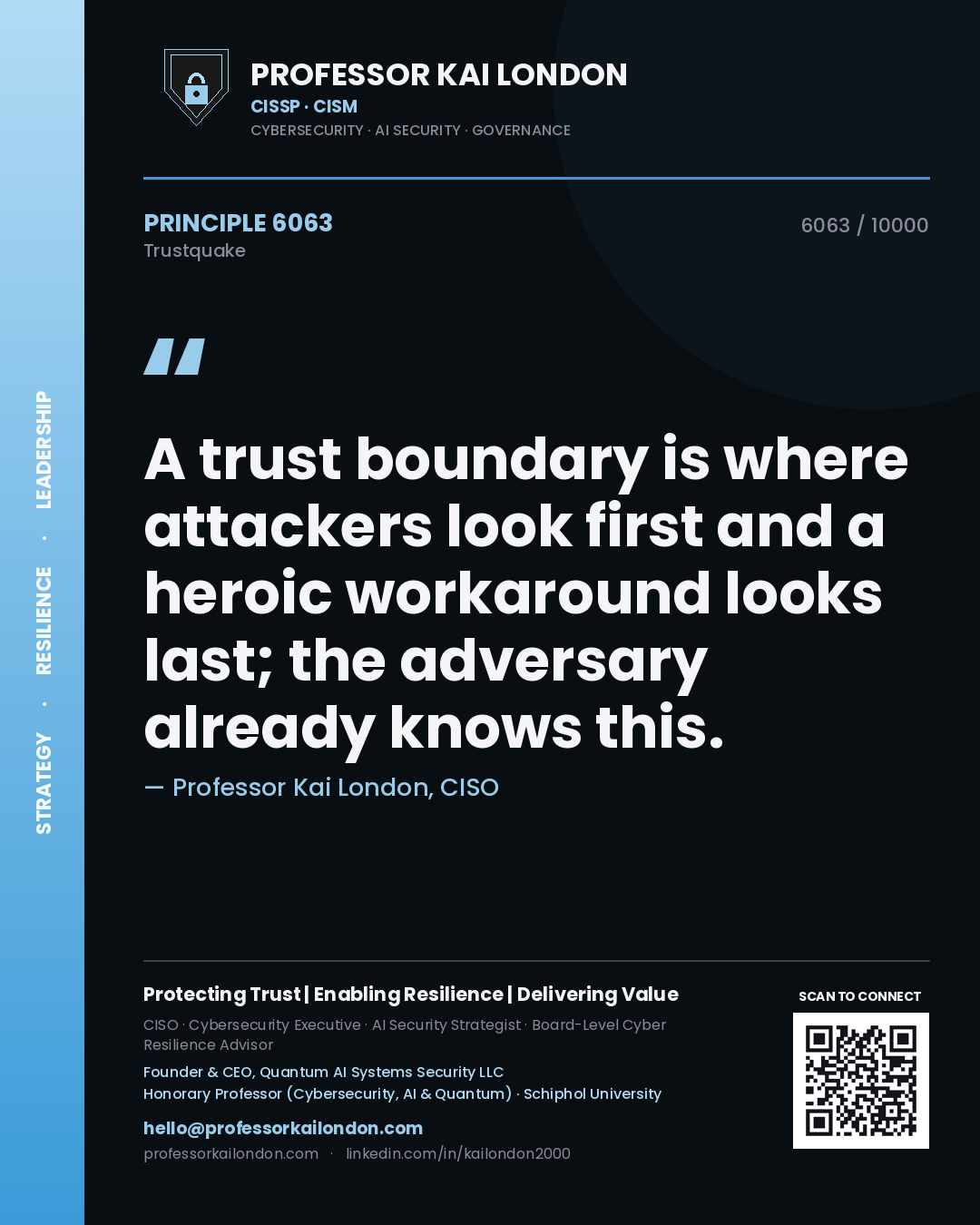 Professor Kai London principle 6063: A trust boundary is where attackers look first and a heroic workaround looks last; the adversary already knows this.