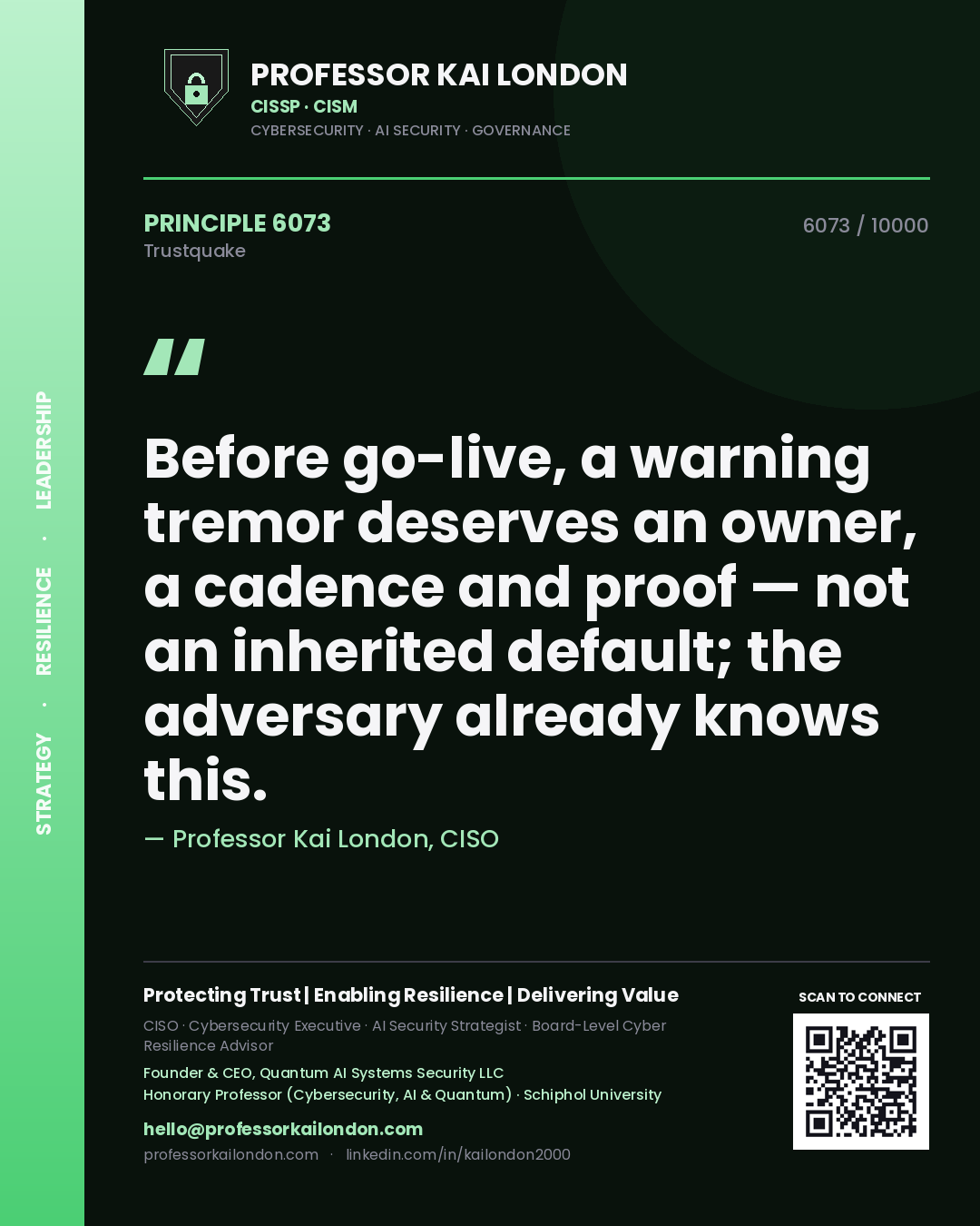 Professor Kai London principle 6073: Before go-live, a warning tremor deserves an owner, a cadence and proof — not an inherited default; the adversary already knows this.