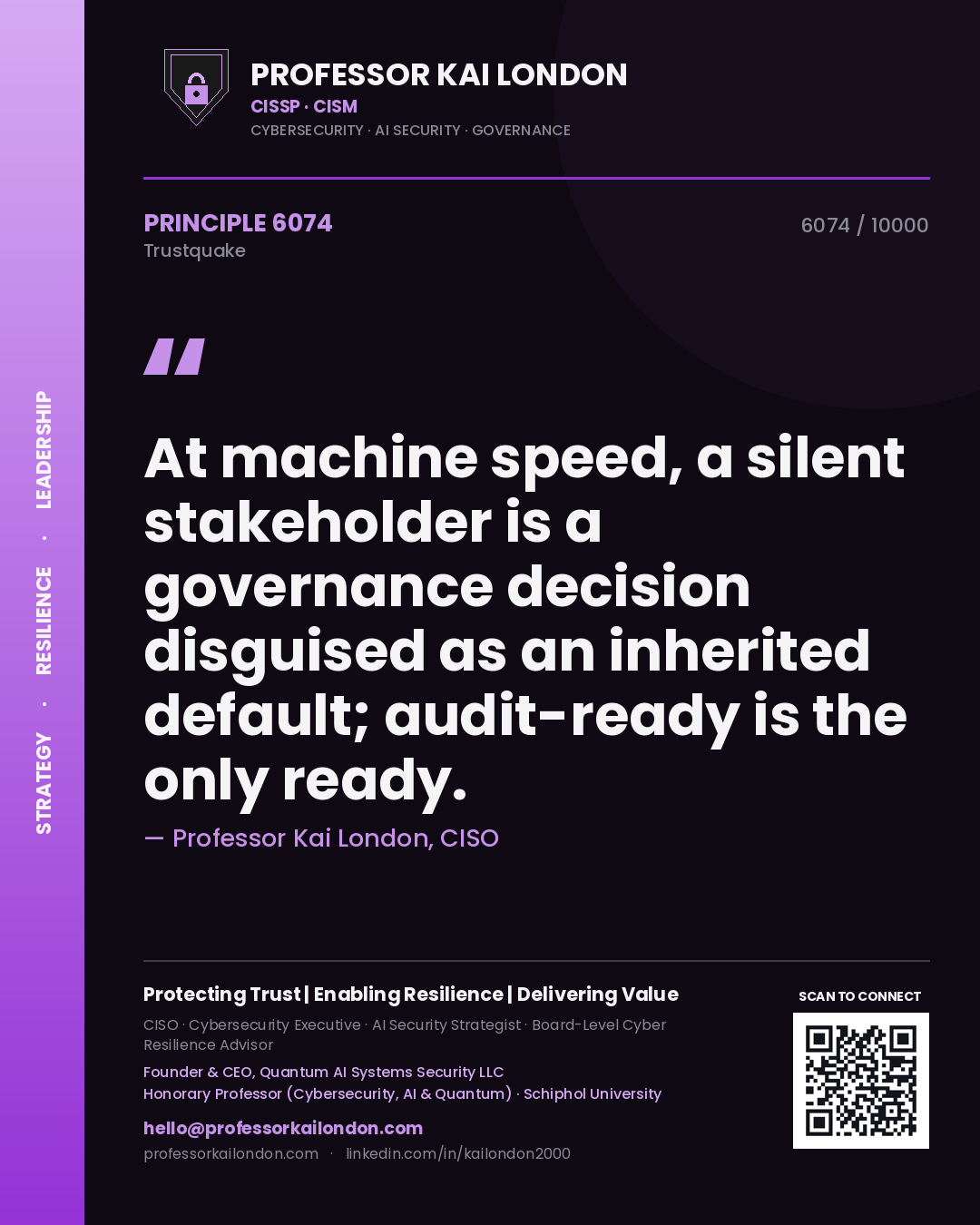 Professor Kai London principle 6074: At machine speed, a silent stakeholder is a governance decision disguised as an inherited default; audit-ready is the only ready.