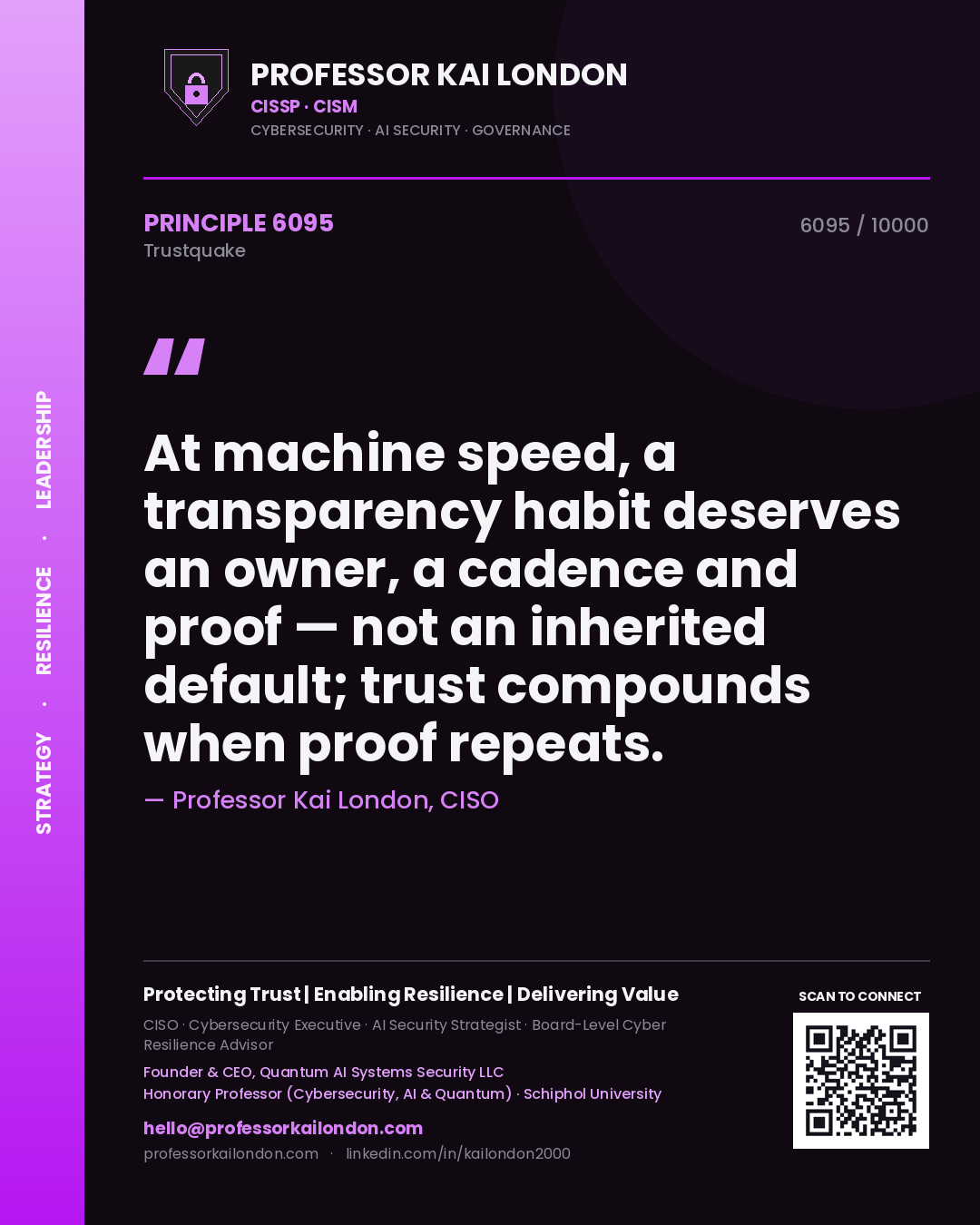 Quote card by Professor Kai London reading 'At machine speed, a transparency habit deserves an owner, a cadence and proof — not an inherited default; trust compounds when proof repeats.'. From the book Trustquake.