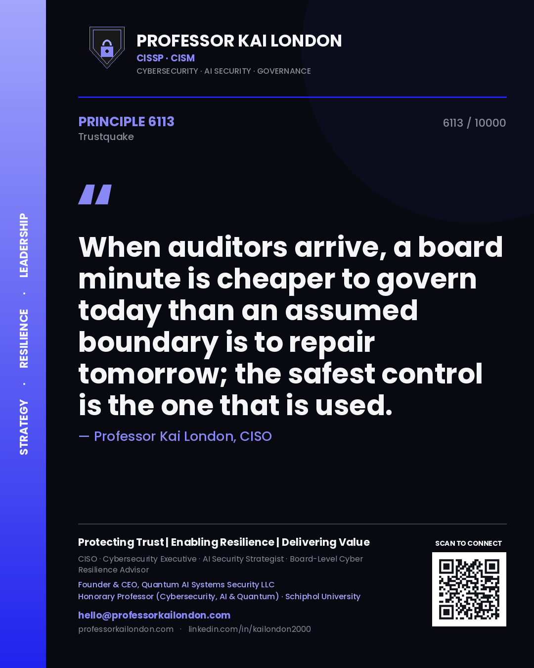 Quote card by Professor Kai London reading 'When auditors arrive, a board minute is cheaper to govern today than an assumed boundary is to repair tomorrow; the safest control is the one that is used.'. From the book Trustquake.