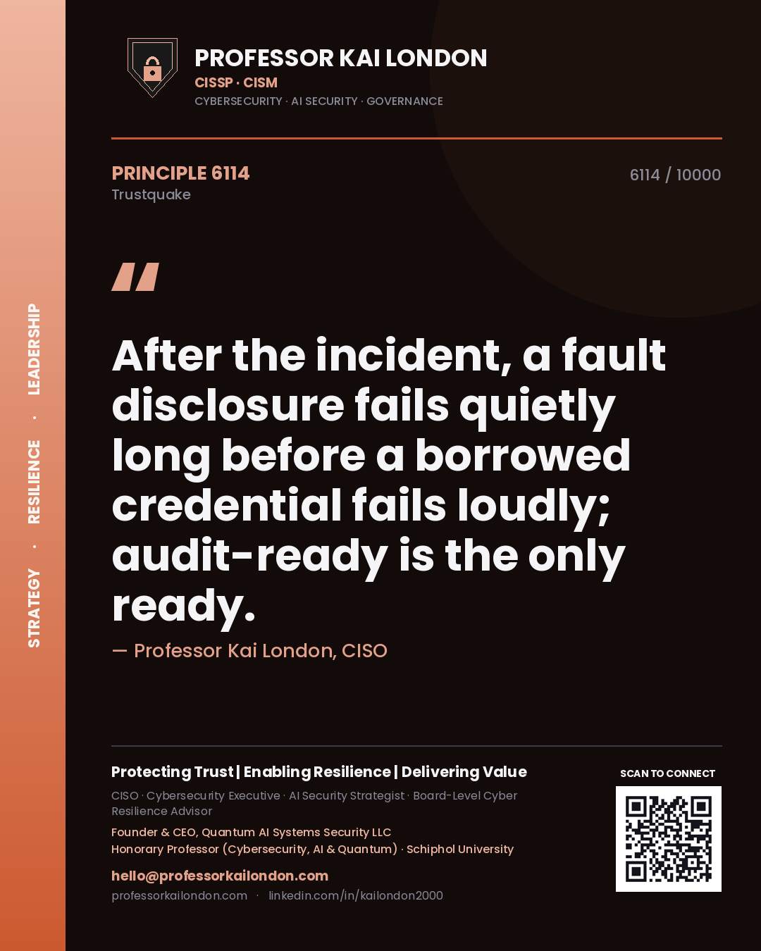 Quote card by Professor Kai London reading 'After the incident, a fault disclosure fails quietly long before a borrowed credential fails loudly; audit-ready is the only ready.'. From the book Trustquake.
