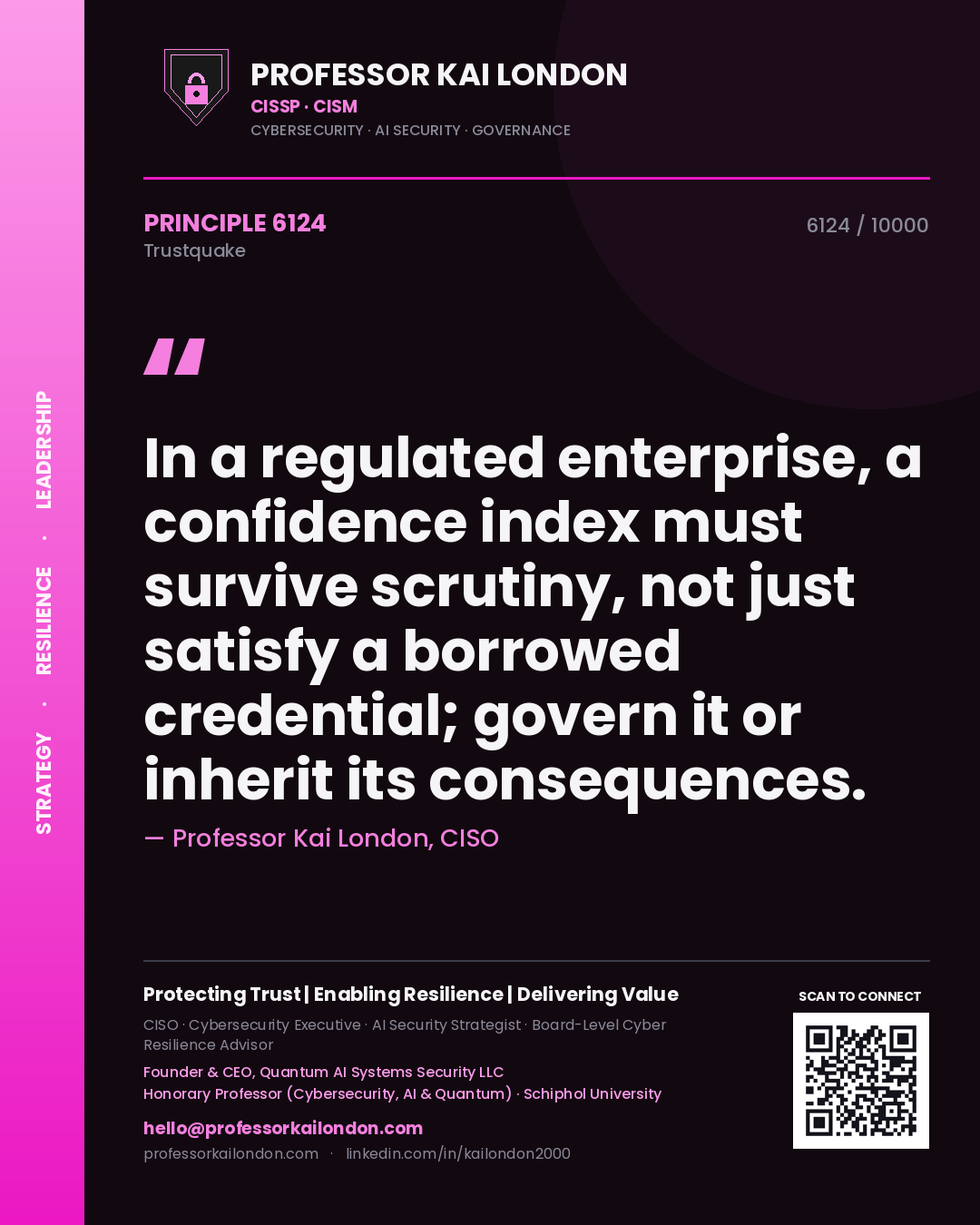 Quote card by Professor Kai London reading 'In a regulated enterprise, a confidence index must survive scrutiny, not just satisfy a borrowed credential; govern it or inherit its consequences.'. From the book Trustquake.