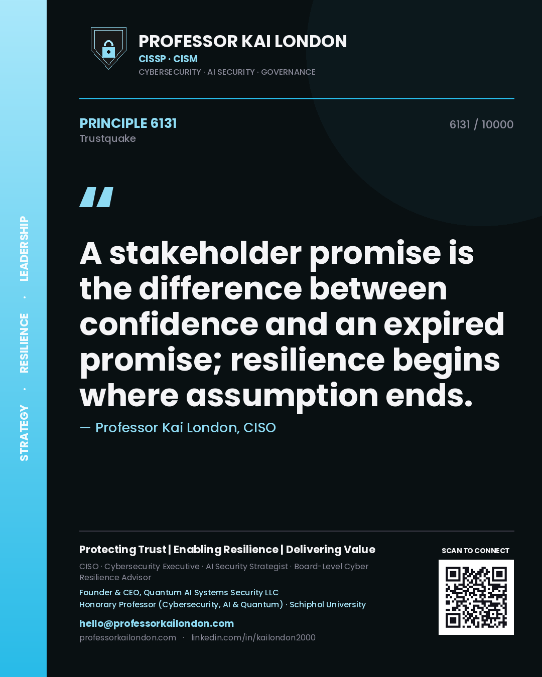 Quote card by Professor Kai London reading 'A stakeholder promise is the difference between confidence and an expired promise; resilience begins where assumption ends.'. From the book Trustquake.