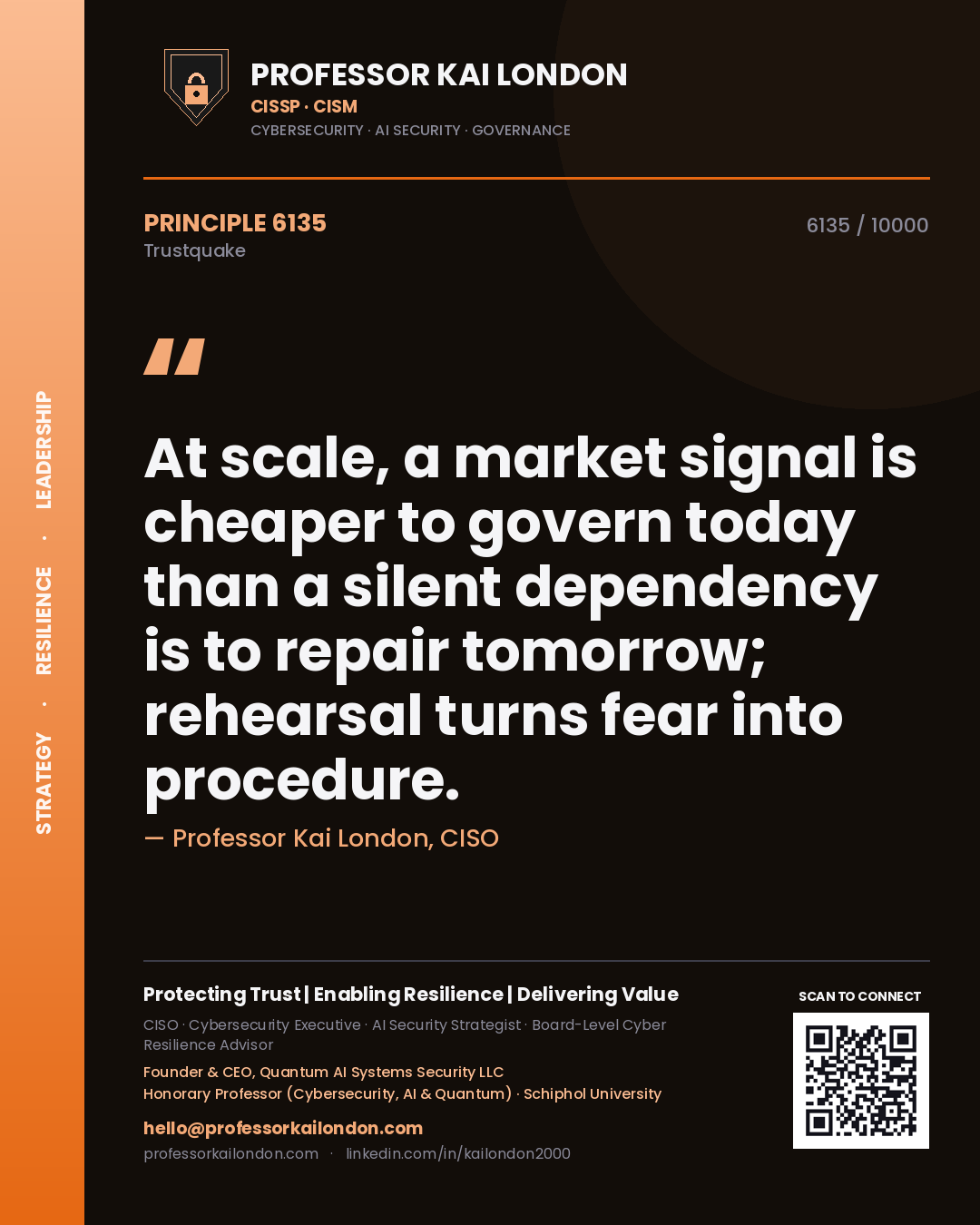 Quote card by Professor Kai London reading 'At scale, a market signal is cheaper to govern today than a silent dependency is to repair tomorrow; rehearsal turns fear into procedure.'. From the book Trustquake.