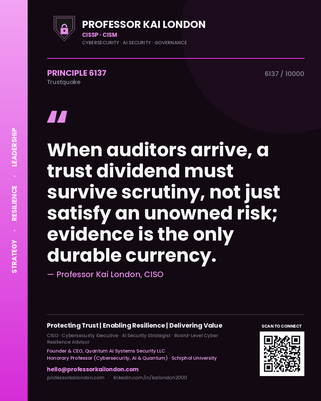 Quote card by Professor Kai London reading 'When auditors arrive, a trust dividend must survive scrutiny, not just satisfy an unowned risk; evidence is the only durable currency.'. From the book Trustquake.