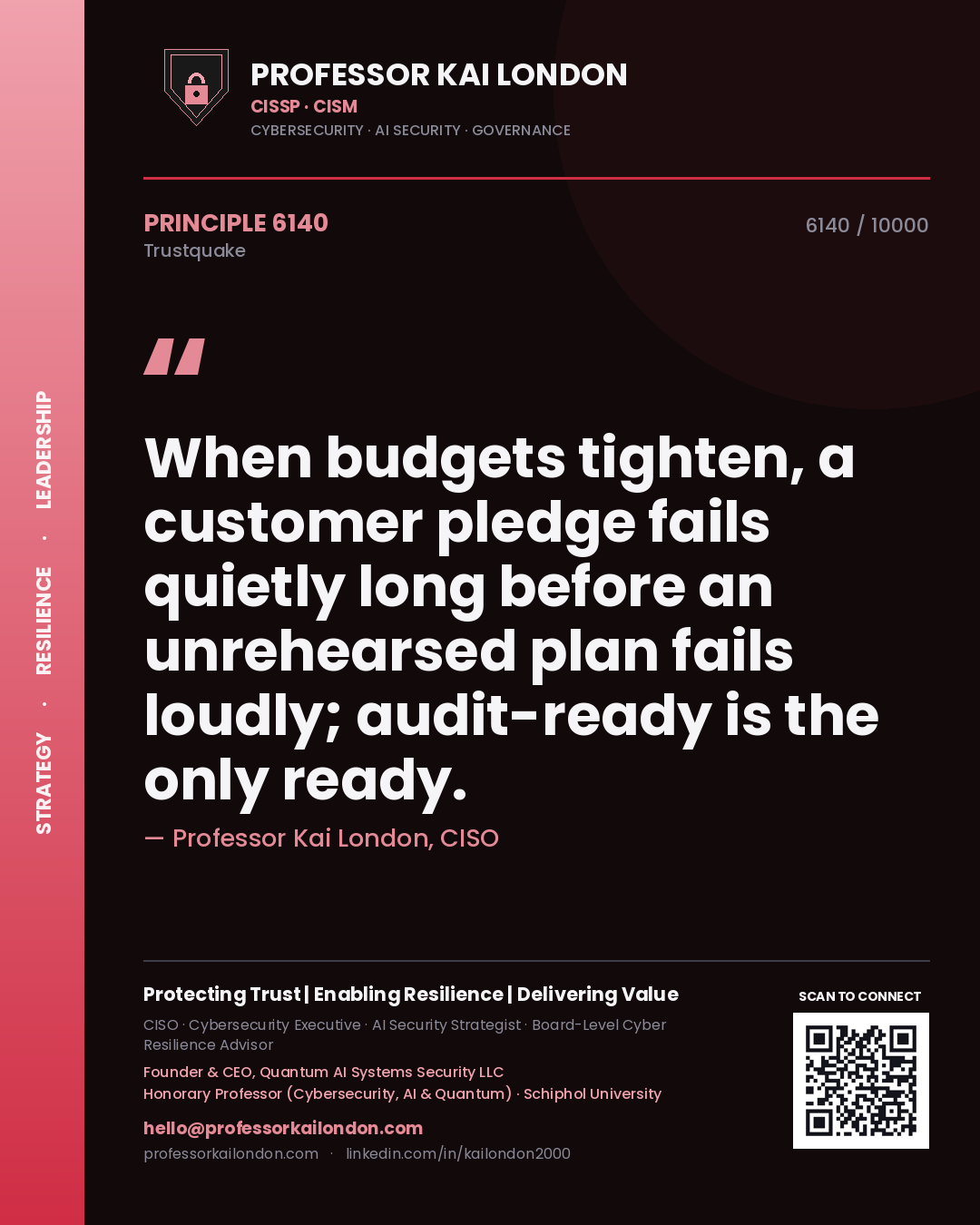 Quote card by Professor Kai London reading 'When budgets tighten, a customer pledge fails quietly long before an unrehearsed plan fails loudly; audit-ready is the only ready.'. From the book Trustquake.