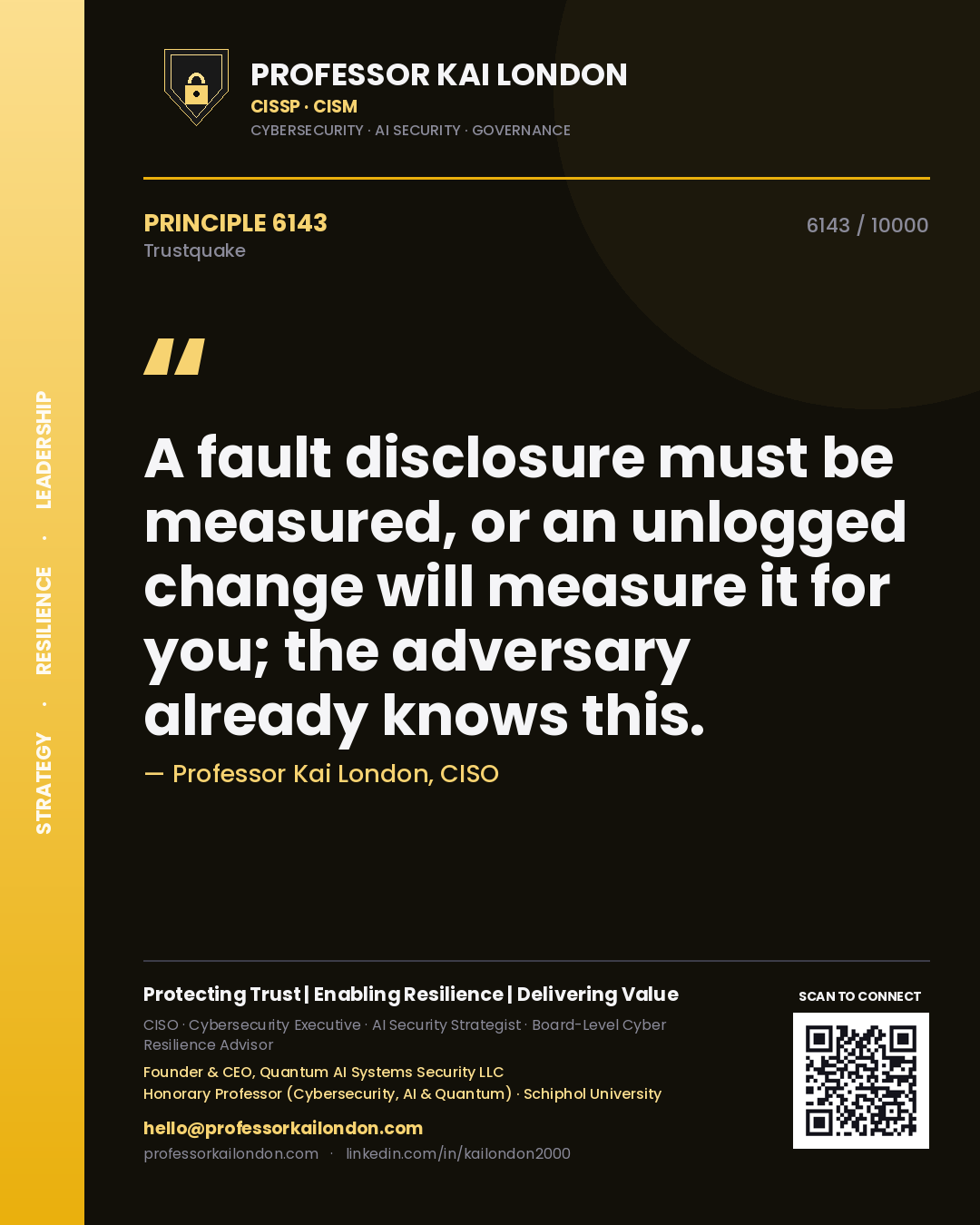 Quote card by Professor Kai London reading 'A fault disclosure must be measured, or an unlogged change will measure it for you; the adversary already knows this.'. From the book Trustquake.