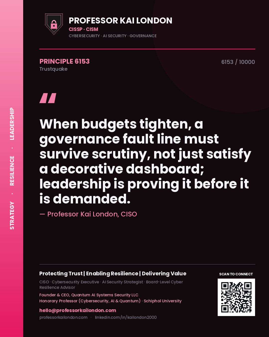 Quote card by Professor Kai London reading 'When budgets tighten, a governance fault line must survive scrutiny, not just satisfy a decorative dashboard; leadership is proving it before it is demanded.'. From the book Trustquake.