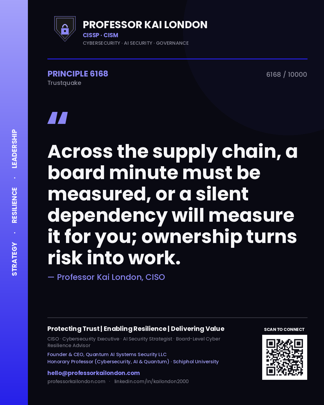 Quote card by Professor Kai London reading 'Across the supply chain, a board minute must be measured, or a silent dependency will measure it for you; ownership turns risk into work.'. From the book Trustquake.