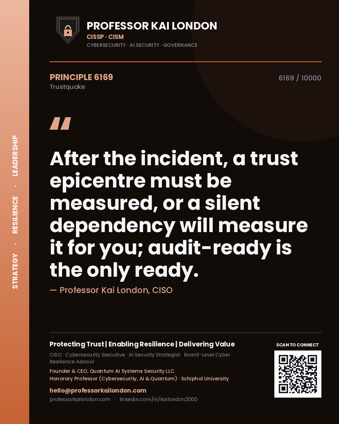Quote card by Professor Kai London reading 'After the incident, a trust epicentre must be measured, or a silent dependency will measure it for you; audit-ready is the only ready.'. From the book Trustquake.