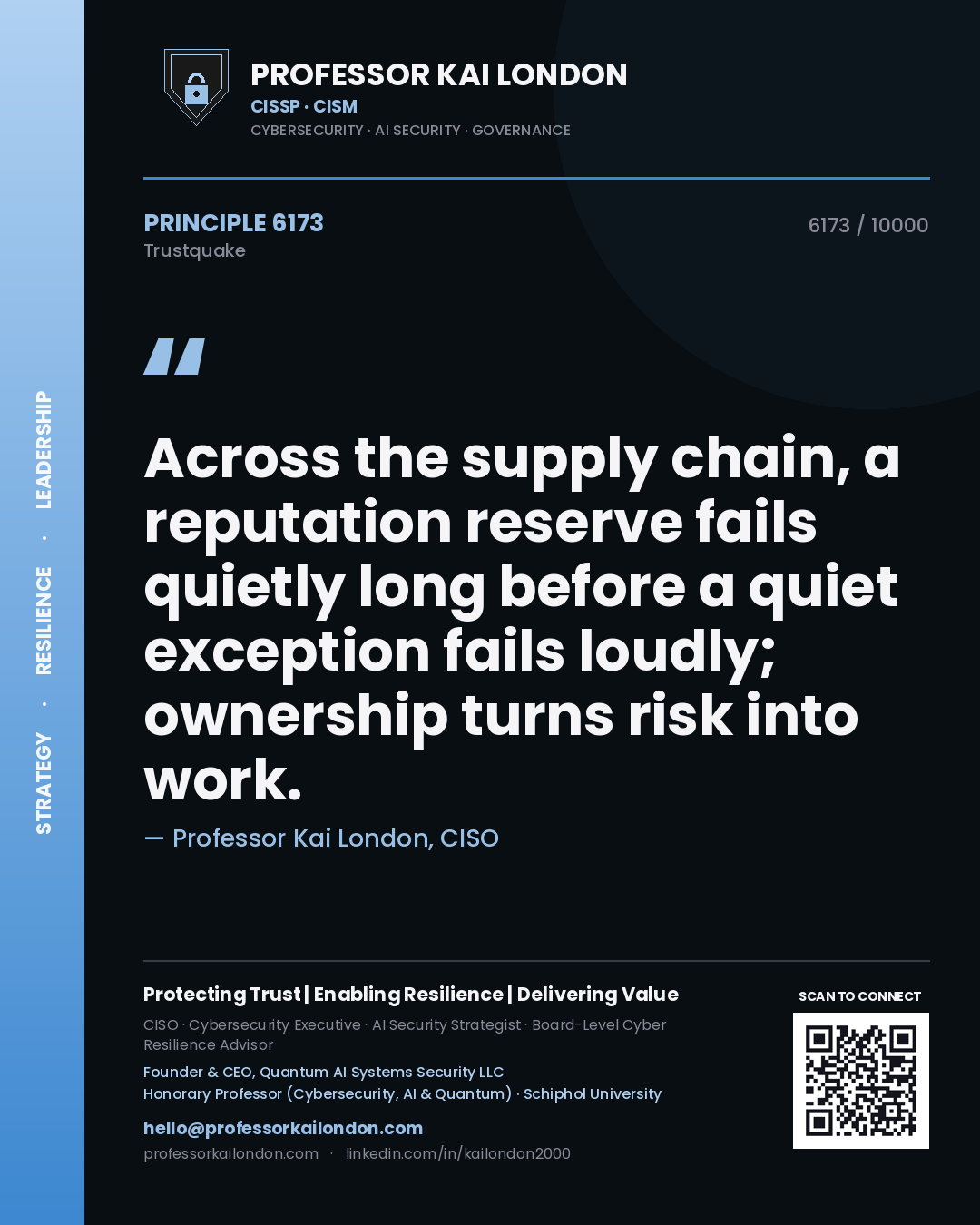 Quote card by Professor Kai London reading 'Across the supply chain, a reputation reserve fails quietly long before a quiet exception fails loudly; ownership turns risk into work.'. From the book Trustquake.