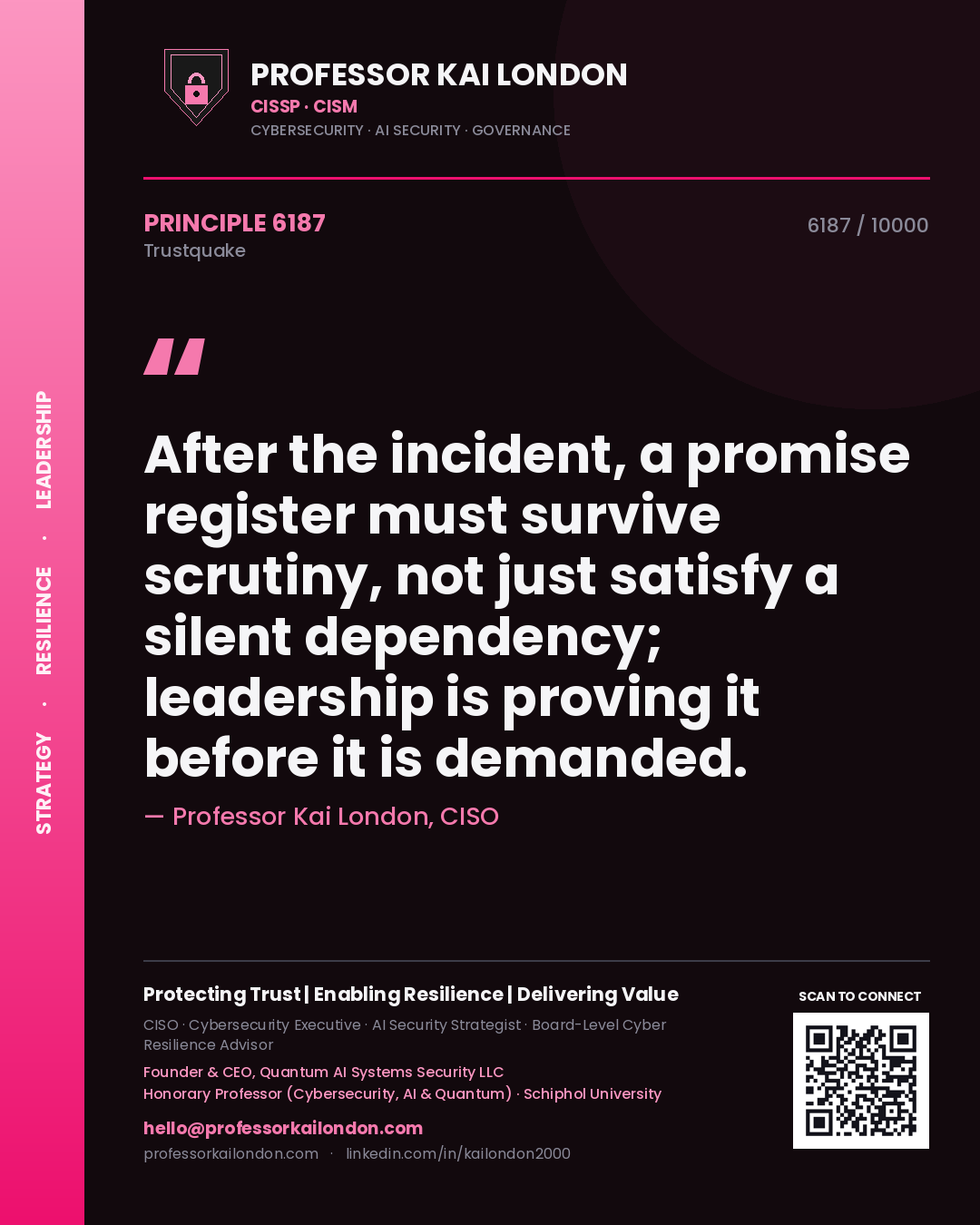 Quote card by Professor Kai London reading 'After the incident, a promise register must survive scrutiny, not just satisfy a silent dependency; leadership is proving it before it is demanded.'. From the book Trustquake.