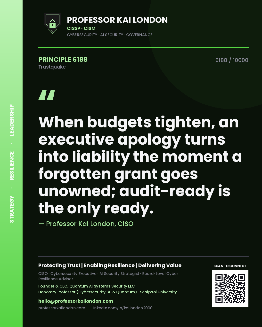 Quote card by Professor Kai London reading 'When budgets tighten, an executive apology turns into liability the moment a forgotten grant goes unowned; audit-ready is the only ready.'. From the book Trustquake.