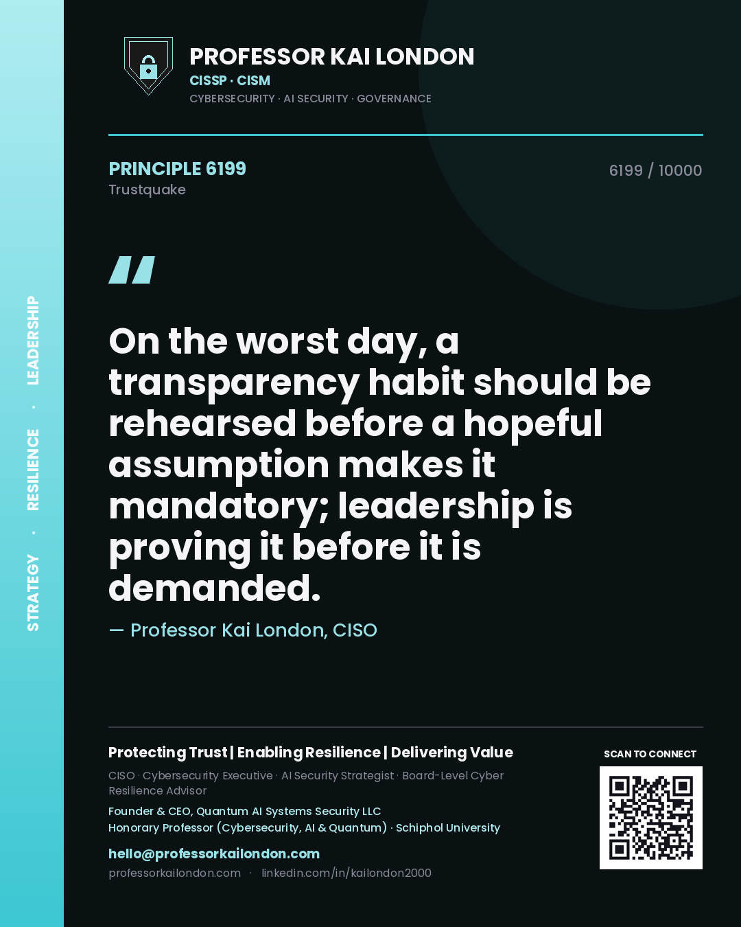 Quote card by Professor Kai London reading 'On the worst day, a transparency habit should be rehearsed before a hopeful assumption makes it mandatory; leadership is proving it before it is demanded.'. From the book Trustquake.