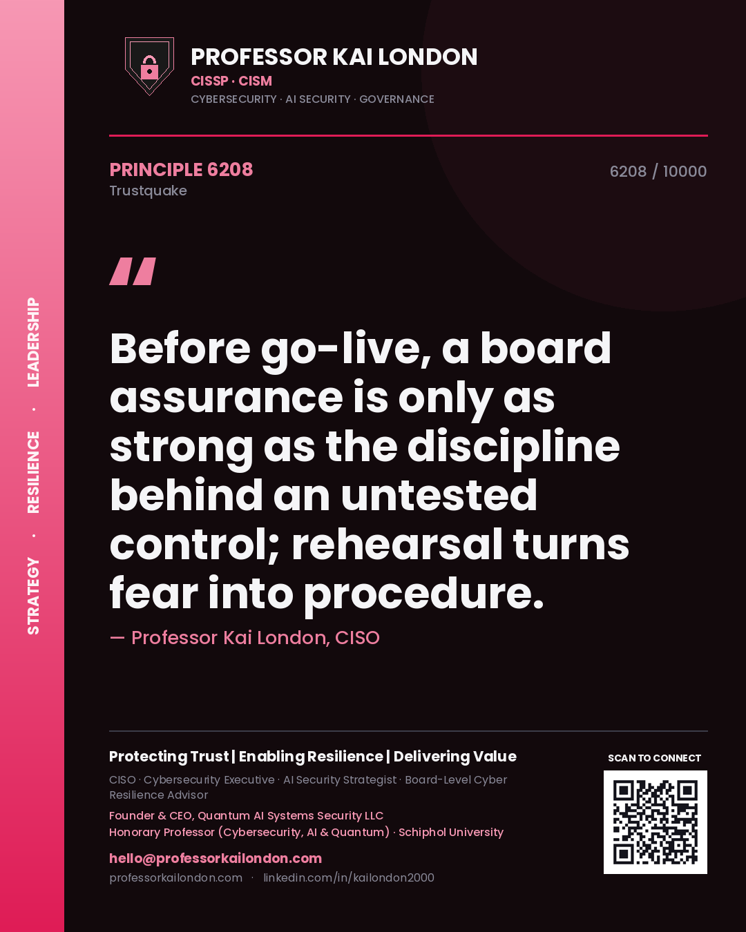Quote card by Professor Kai London reading 'Before go-live, a board assurance is only as strong as the discipline behind an untested control; rehearsal turns fear into procedure.'. From the book Trustquake.