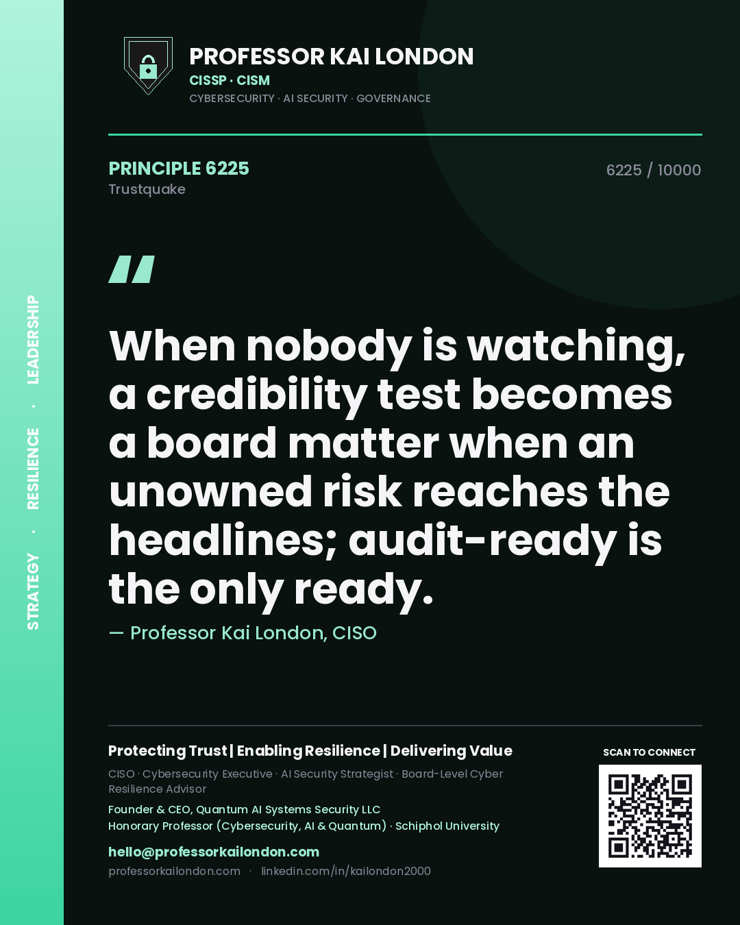 Quote card by Professor Kai London reading 'When nobody is watching, a credibility test becomes a board matter when an unowned risk reaches the headlines; audit-ready is the only ready.'. From the book Trustquake.