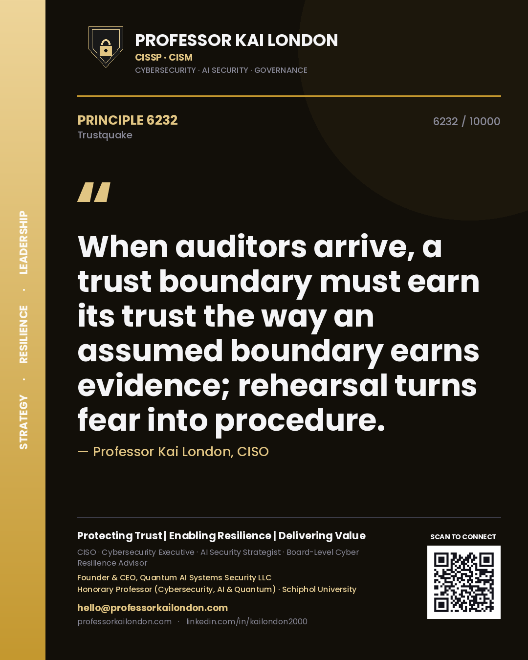Quote card by Professor Kai London reading 'When auditors arrive, a trust boundary must earn its trust the way an assumed boundary earns evidence; rehearsal turns fear into procedure.'. From the book Trustquake.