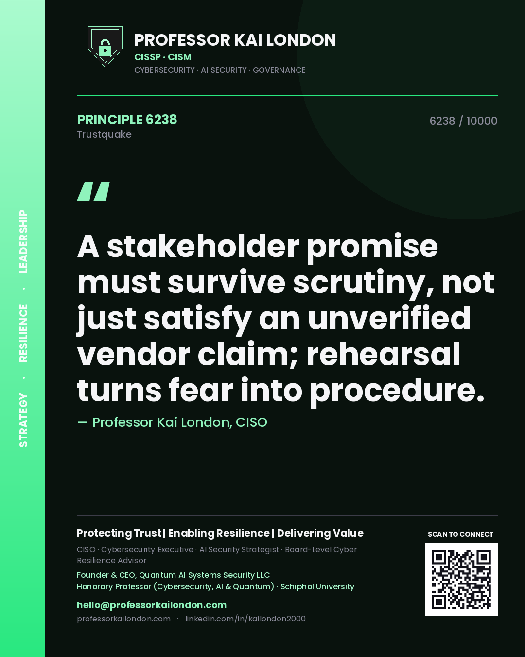 Quote card by Professor Kai London reading 'A stakeholder promise must survive scrutiny, not just satisfy an unverified vendor claim; rehearsal turns fear into procedure.'. From the book Trustquake.