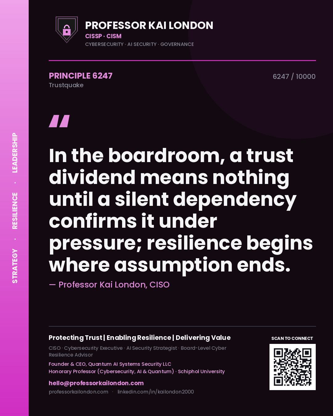Quote card by Professor Kai London reading 'In the boardroom, a trust dividend means nothing until a silent dependency confirms it under pressure; resilience begins where assumption ends.'. From the book Trustquake.