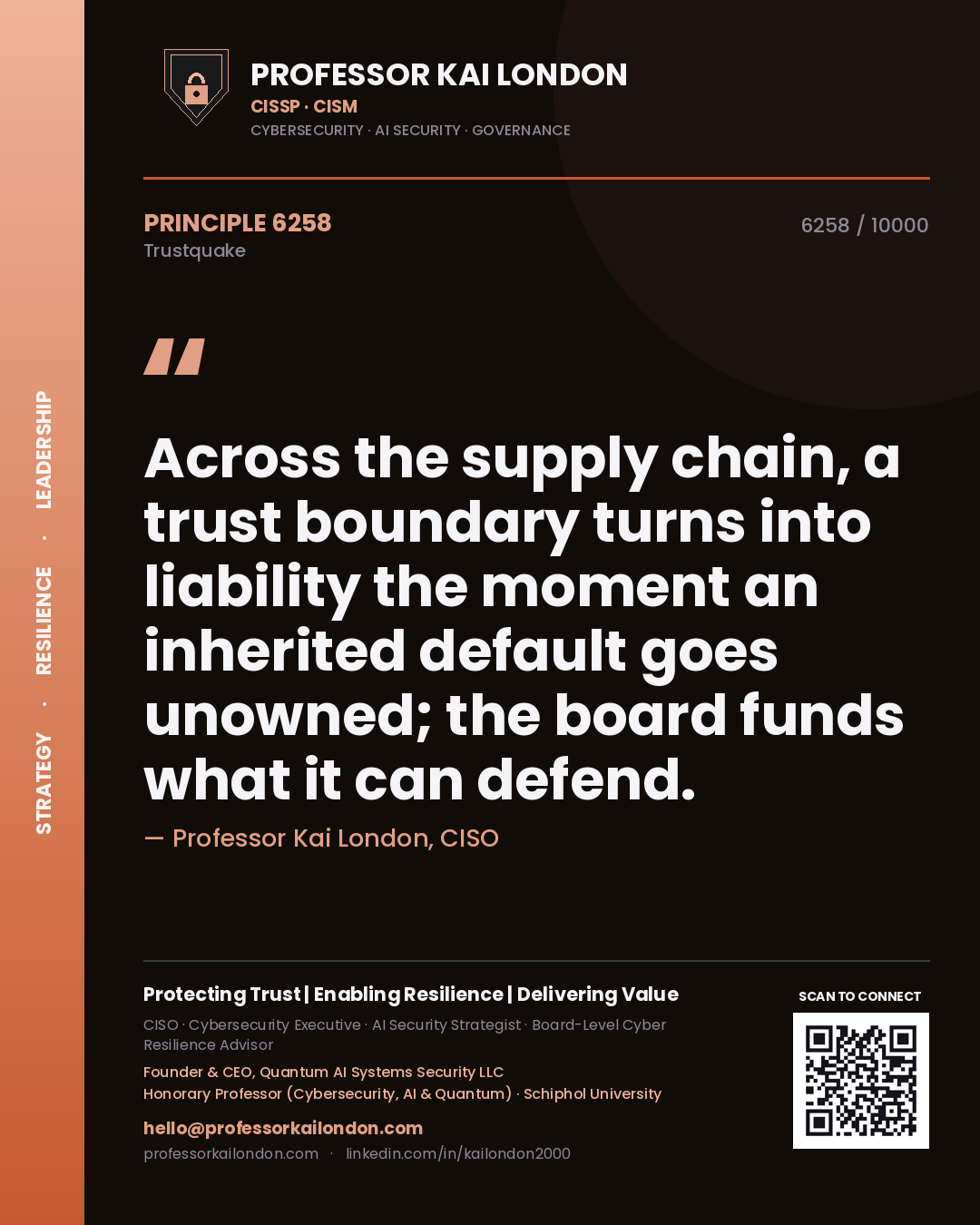 Quote card by Professor Kai London reading 'Across the supply chain, a trust boundary turns into liability the moment an inherited default goes unowned; the board funds what it can defend.'. From the book Trustquake.