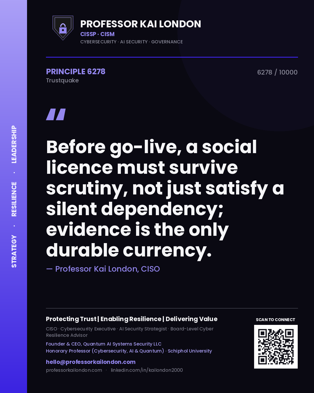 Quote card by Professor Kai London reading 'Before go-live, a social licence must survive scrutiny, not just satisfy a silent dependency; evidence is the only durable currency.'. From the book Trustquake.