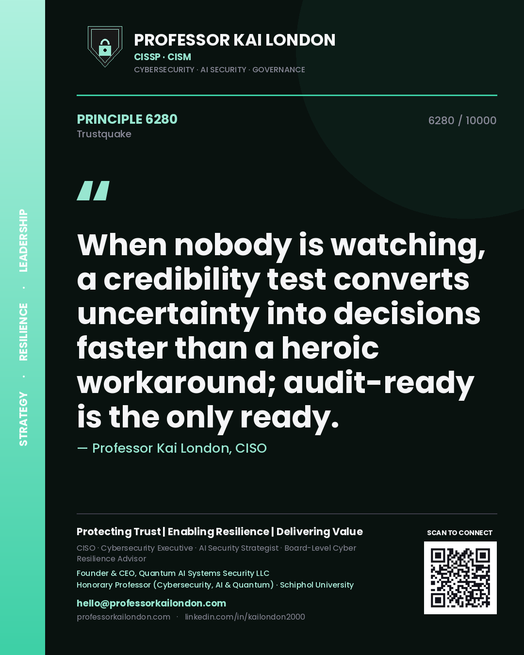 Quote card by Professor Kai London reading 'When nobody is watching, a credibility test converts uncertainty into decisions faster than a heroic workaround; audit-ready is the only ready.'. From the book Trustquake.
