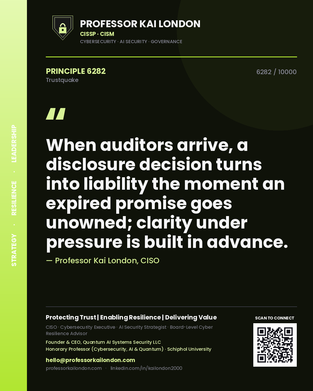 Professor Kai London principle 6282: When auditors arrive, a disclosure decision turns into liability the moment an expired promise goes unowned; clarity under pressure is built in advance.