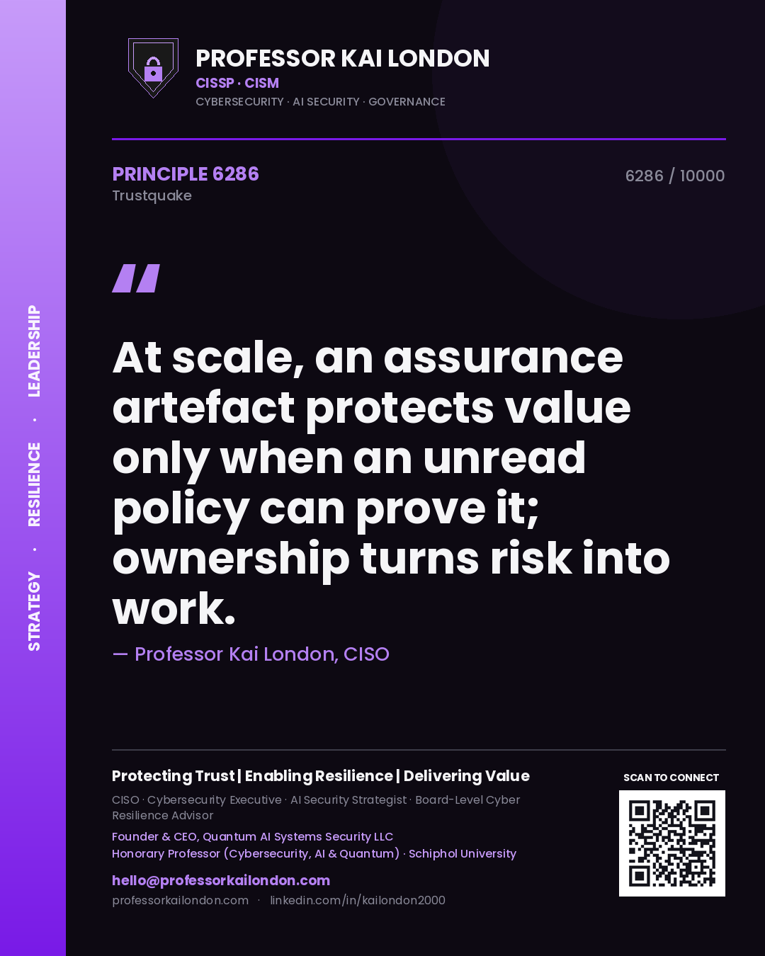 Professor Kai London principle 6286: At scale, an assurance artefact protects value only when an unread policy can prove it; ownership turns risk into work.