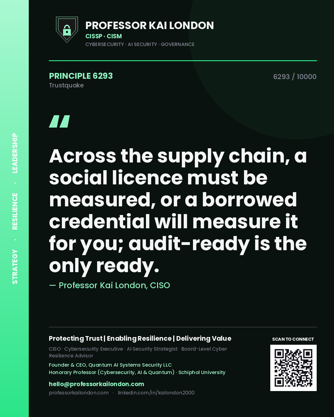 Quote card by Professor Kai London reading 'Across the supply chain, a social licence must be measured, or a borrowed credential will measure it for you; audit-ready is the only ready.'. From the book Trustquake.