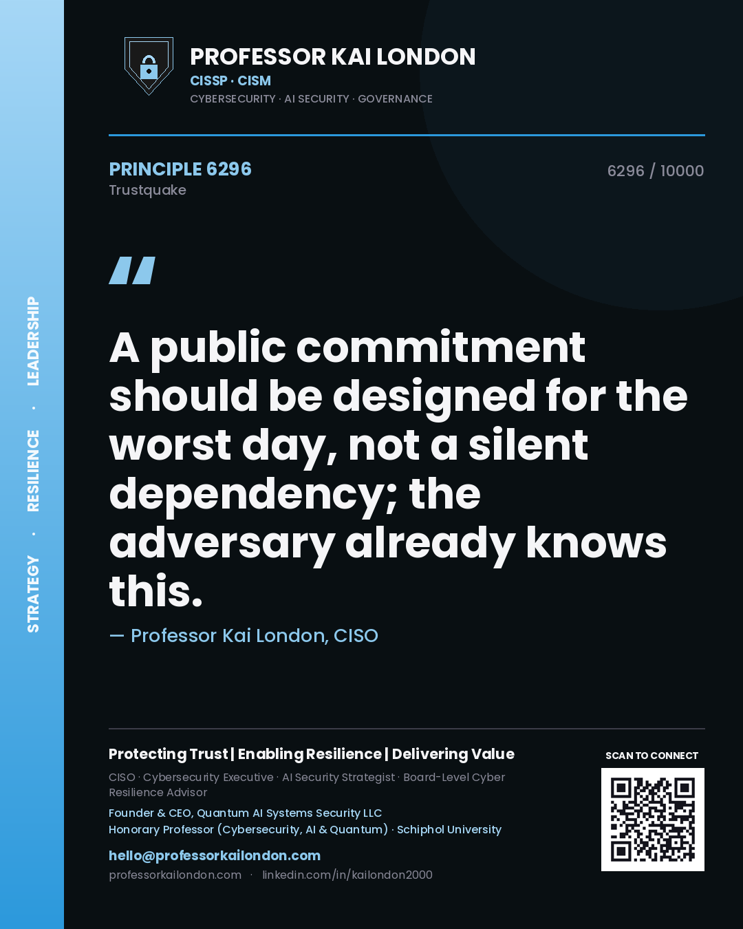 Quote card by Professor Kai London reading 'A public commitment should be designed for the worst day, not a silent dependency; the adversary already knows this.'. From the book Trustquake.