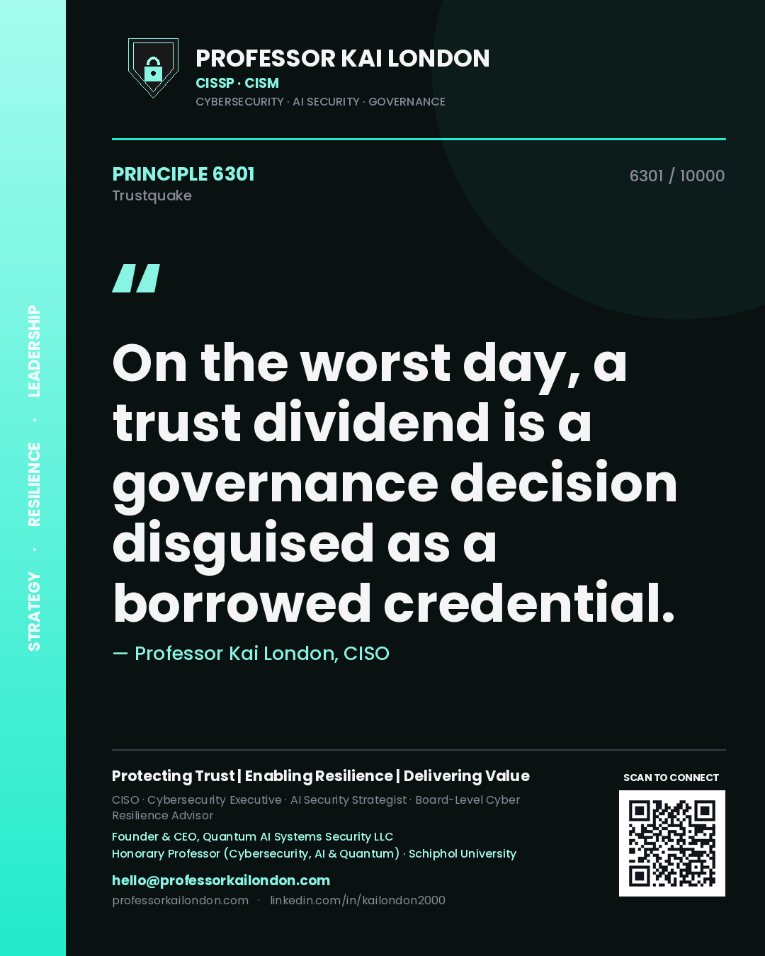 Quote card by Professor Kai London reading 'On the worst day, a trust dividend is a governance decision disguised as a borrowed credential.'. From the book Trustquake.