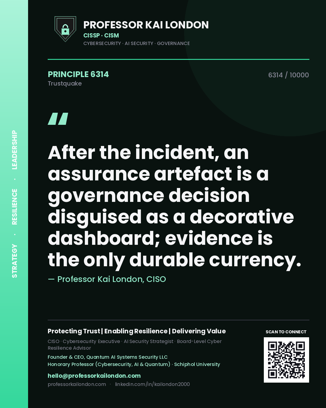 Quote card by Professor Kai London reading 'After the incident, an assurance artefact is a governance decision disguised as a decorative dashboard; evidence is the only durable currency.'. From the book Trustquake.