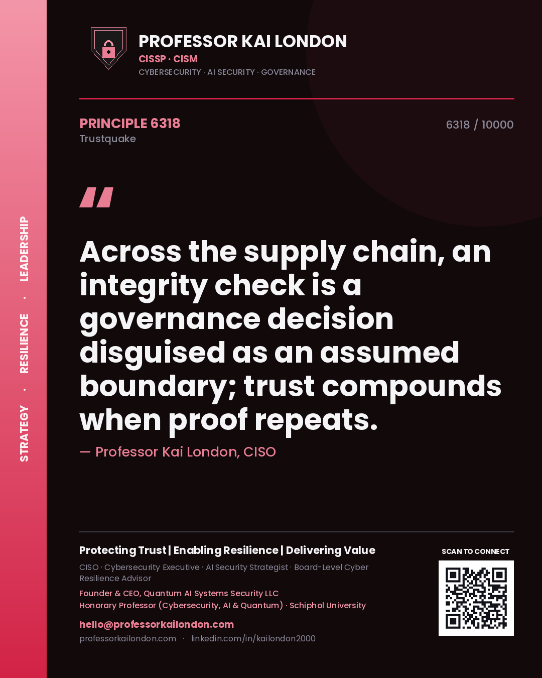 Professor Kai London principle 6318: Across the supply chain, an integrity check is a governance decision disguised as an assumed boundary; trust compounds when proof repeats.