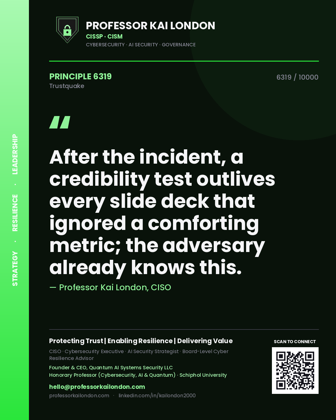 Quote card by Professor Kai London reading 'After the incident, a credibility test outlives every slide deck that ignored a comforting metric; the adversary already knows this.'. From the book Trustquake.
