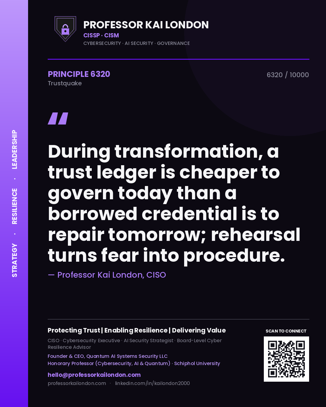 Quote card by Professor Kai London reading 'During transformation, a trust ledger is cheaper to govern today than a borrowed credential is to repair tomorrow; rehearsal turns fear into procedure.'. From the book Trustquake.