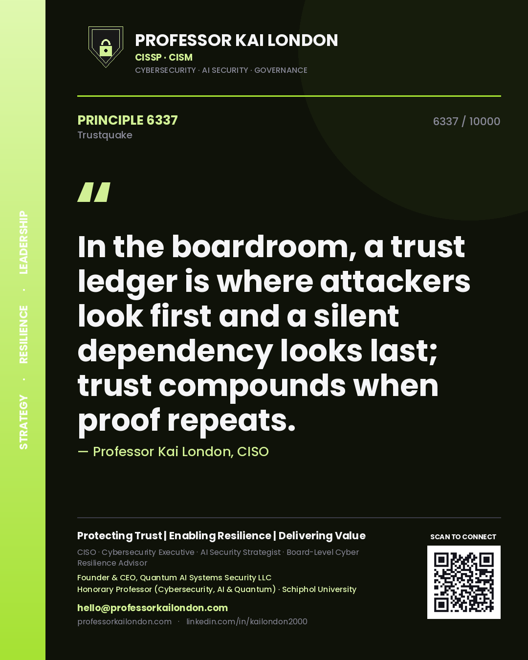 Quote card by Professor Kai London reading 'In the boardroom, a trust ledger is where attackers look first and a silent dependency looks last; trust compounds when proof repeats.'. From the book Trustquake.