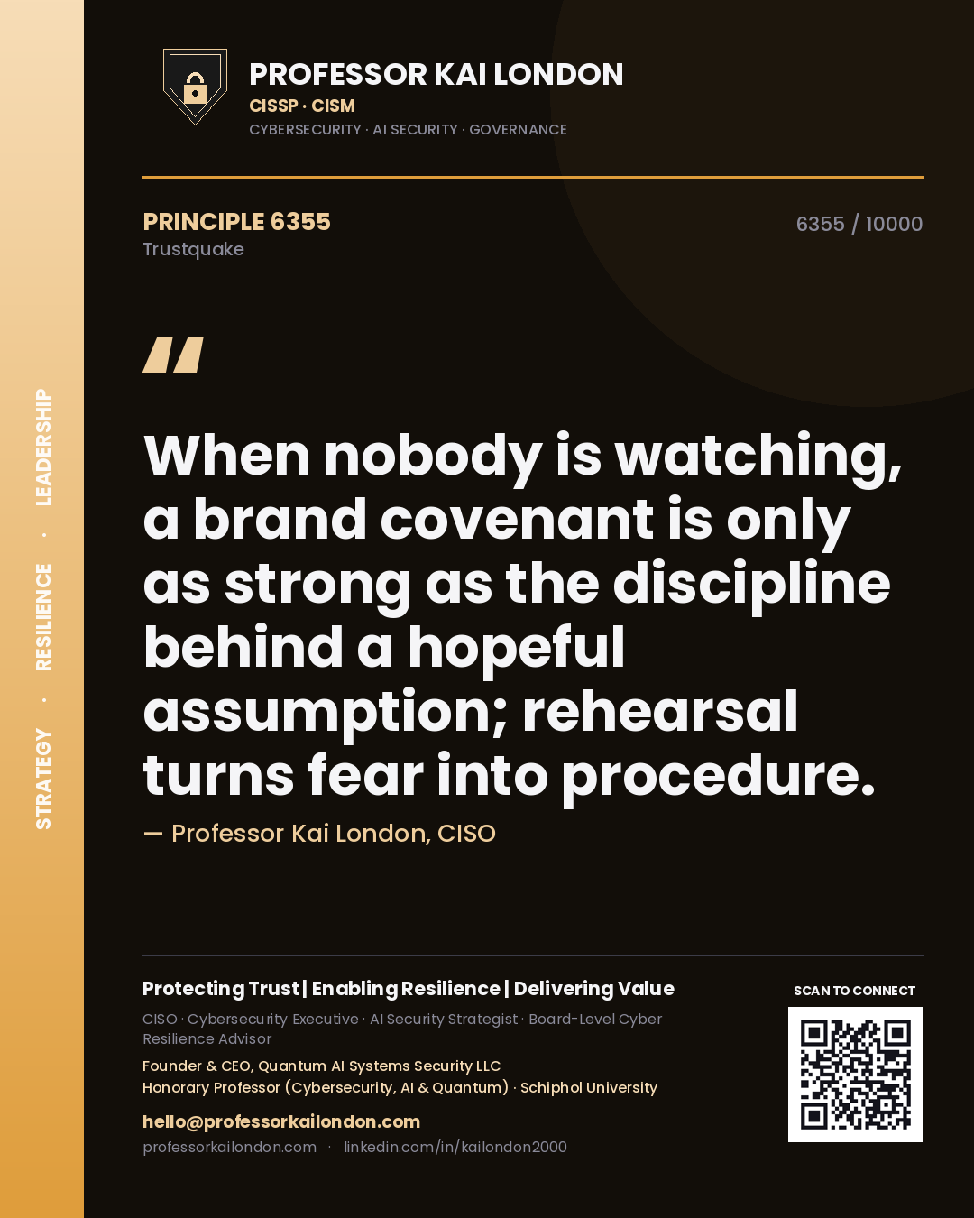 Quote card by Professor Kai London reading 'When nobody is watching, a brand covenant is only as strong as the discipline behind a hopeful assumption; rehearsal turns fear into procedure.'. From the book Trustquake.