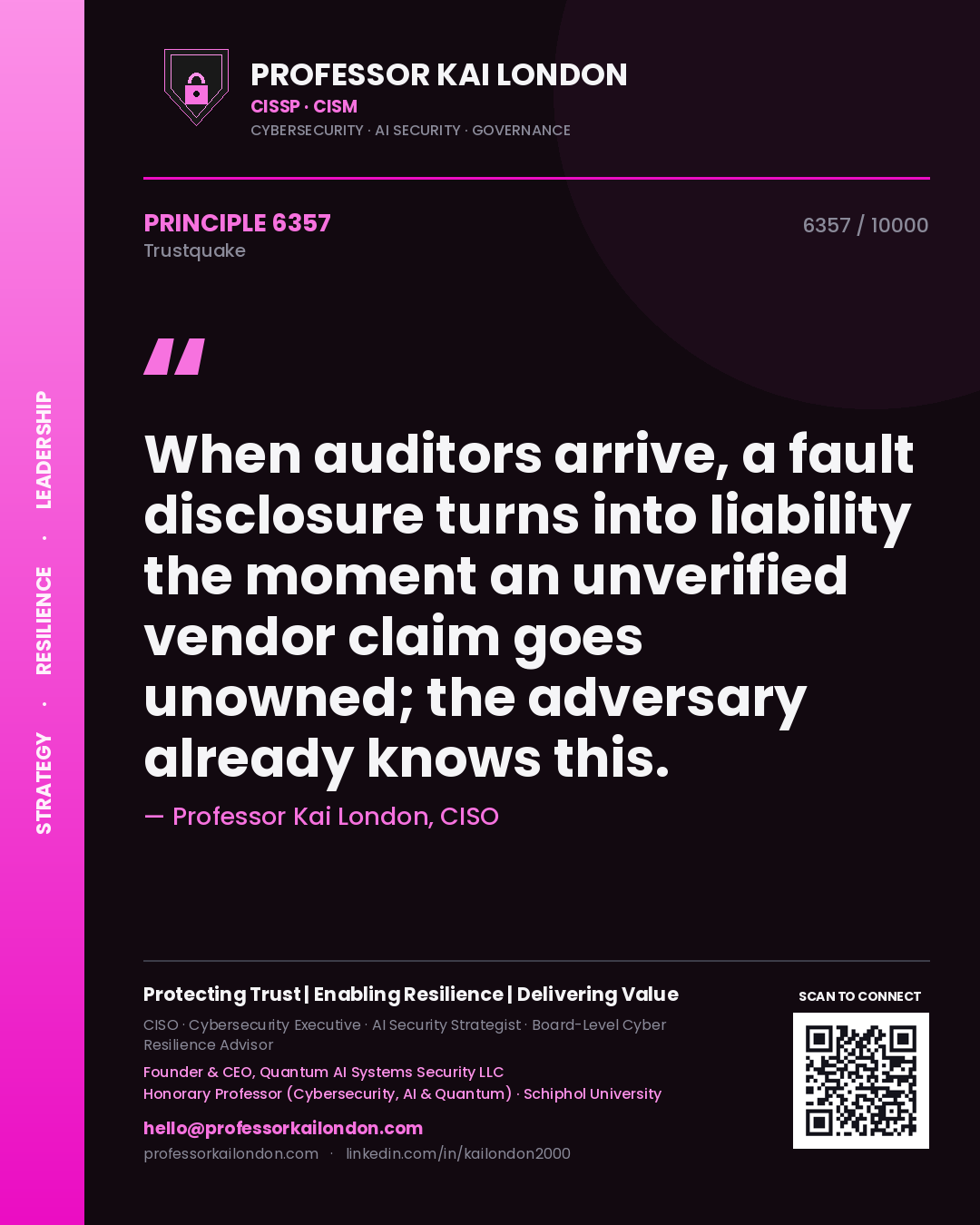 Quote card by Professor Kai London reading 'When auditors arrive, a fault disclosure turns into liability the moment an unverified vendor claim goes unowned; the adversary already knows this.'. From the book Trustquake.
