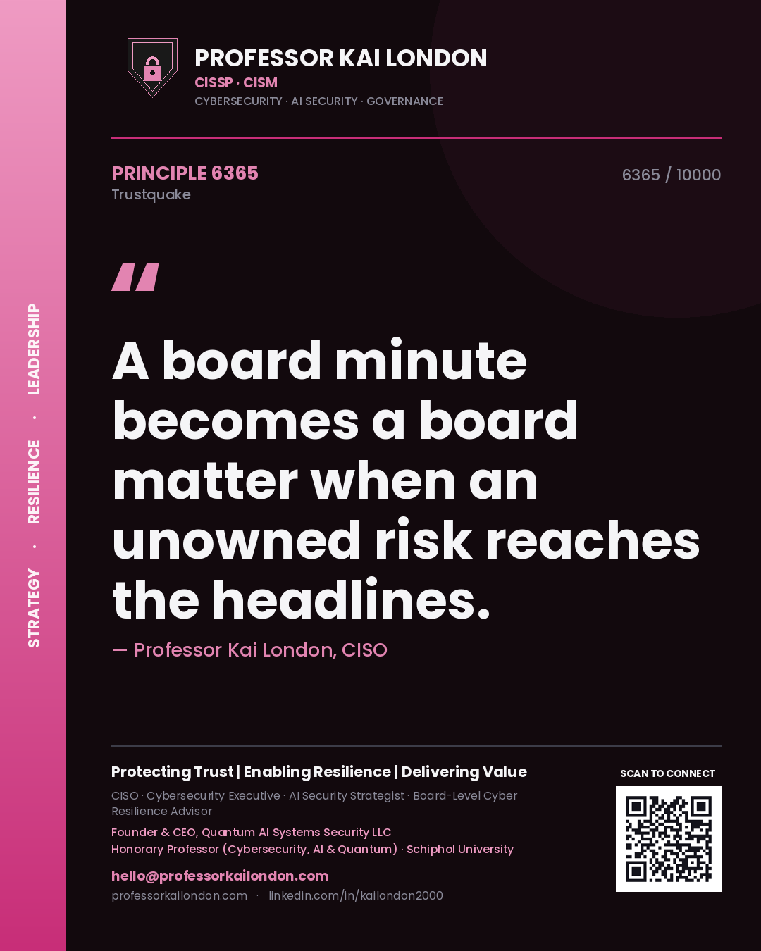 Quote card by Professor Kai London reading 'A board minute becomes a board matter when an unowned risk reaches the headlines.'. From the book Trustquake.