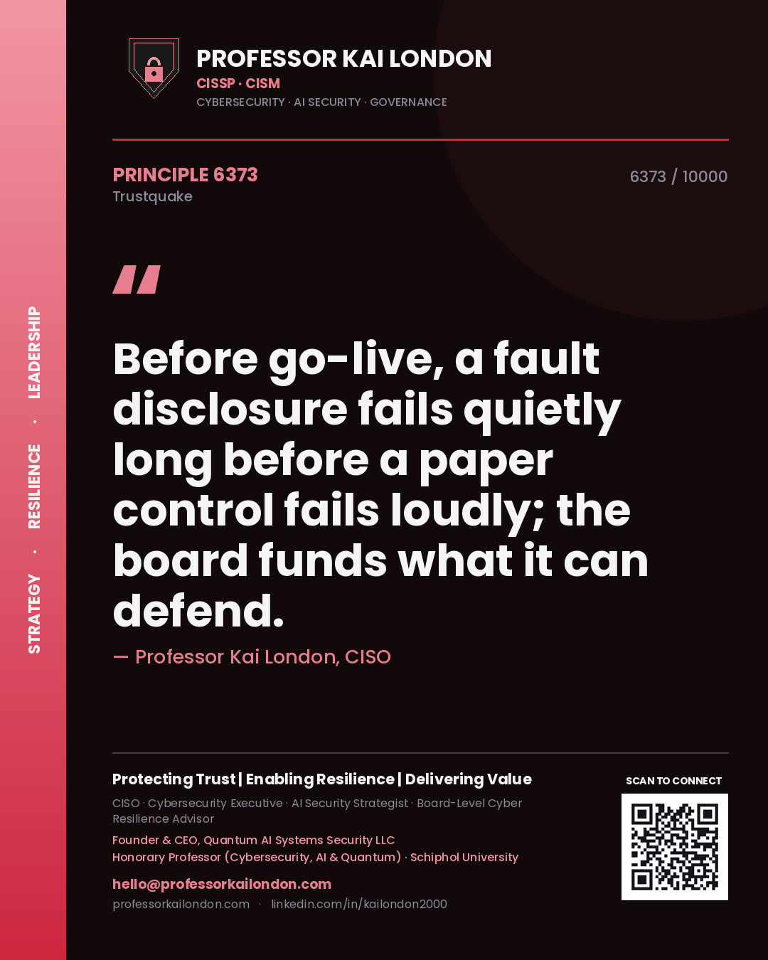 Quote card by Professor Kai London reading 'Before go-live, a fault disclosure fails quietly long before a paper control fails loudly; the board funds what it can defend.'. From the book Trustquake.