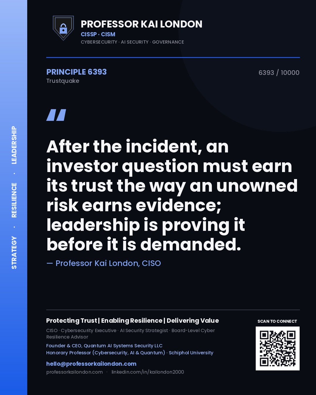 Quote card by Professor Kai London reading 'After the incident, an investor question must earn its trust the way an unowned risk earns evidence; leadership is proving it before it is demanded.'. From the book Trustquake.